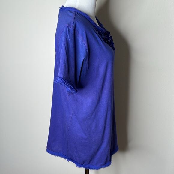 LANVIN Blue Knit Embellished Chiffon Trimmed Tee - Picture 4 of 8